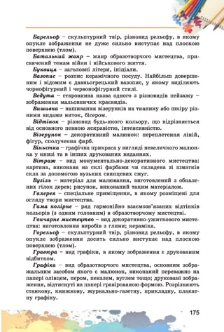 Барельєф - скульптурний твір, різновид рельєфу, в якому
опукле зображення не дуже сильно виступає над плоскою
поверхнею (тлом).
Батальний жанр - жанр образотворчого мистецтва, при­
свячений темам війни і військового життя.
Буквиця - заголовні літери, ініціали.
Вазопис - розпис керамічного посуду. Найбільш доверше­
ним і відомим є давньогрецький вазопис, у якому виділяють
чорнофігурний і червонофігурний стилі.
Ведута —старовинна назва одного з різновидів пейзажу -
зображення мальовничих краєвидів.
Вишивка - нашивання візерунків на тканину або шкіру різ­
ними видами ниток, бісером.
Відтінок - різновид будь-якого кольору, що відрізняється
від основного певною яскравістю, інтенсивністю.
Візерунок —декоративний малюнок: переплетення ліній,
фігур, сполучення фарб.
Віньєтка - графічна прикраса у вигляді невеличкого малюн­
ка у книзі та в інших друкованих виданнях.
Вітраж — вид монументально-декоративного мистецтва:
картина, виконана на склі фарбами чи складена зі шматків
скла за допомогою вузьких свинцевих смуг.
Вугіль —матеріал для малювання, виготовлений з обпале­
них гілок дерев; рисунок, виконаний таким матеріалом.
Галерея —спеціальне приміщення, в якому розміщені для
огляду твори мистецтва.
Тама колірне - ряд гармонійно взаємозв’язаних відтінків
кольорів (з одним головним) в образотворчому мистецтві.
Гончарне мистецтво - вид декоративно-ужиткового мисте­
цтва: виготовлення виробів з глини; кераміка.
Горельєф - скульптурний твір, різновид рельєфу, в якому
опукле зображення досить сильно виступає над плоскою
поверхнею (тлом).
Гравюра - вид графіки, в якому зображення є друкованим
відбитком.
Графіка - вид образотворчого мистецтва, основним зобра­
жальним засобом якого є малюнок, виконаний переважно на
папері олівцем, пером, пензлем, вуглем тощо; друковані зобра­
ження, відтиснуті на папері гравірованою формою. Розрізняють
станкову, книжкову, журнально-газетну, прикладну, плакат­
ну графіку.
 