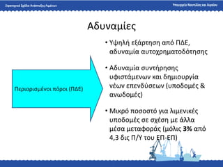 Αδυναμίεσ
• Τψθλι εξάρτθςθ από ΠΔΕ,
αδυναμία αυτοχρθματοδότθςθσ
• Αδυναμία ςυντιρθςθσ
υφιςτάμενων και δθμιουργία
νζων επενδφςεων (υποδομζσ &
ανωδομζσ)
• Μικρό ποςοςτό για λιμενικζσ
υποδομζσ ςε ςχζςθ με άλλα
μζςα μεταφοράσ (μόλισ 3% από
4,3 δισ Π/Τ του ΕΠ-ΕΠ)
Περιοριςμζνοι πόροι (ΠΔΕ)
 