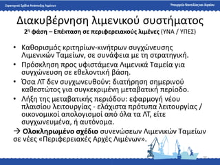 20
Διακυβζρνθςθ λιμενικοφ ςυςτιματοσ
2η φάςη – Επζκταςη ςε περιφερειακοφσ λιμζνεσ (ΤΝΑ / ΤΠΕ΢)
• Κακοριςμόσ κριτθρίων-κινιτρων ςυγχϊνευςθσ
Λιμενικϊν Σαμείων, ςε ςυνάφεια με τθ ςτρατθγικι.
• Πρόςκλθςθ προσ υφιςτάμενα Λιμενικά Σαμεία για
ςυγχϊνευςθ ςε εκελοντικι βάςθ.
• Όςα ΛΣ δεν ςυγχωνευκοφν: διατιρθςθ ςθμερινοφ
κακεςτϊτοσ για ςυγκεκριμζνθ μεταβατικι περίοδο.
• Λιξθ τθσ μεταβατικισ περιόδου: εφαρμογι νζου
πλαιςίου λειτουργίασ - ελάχιςτα πρότυπα λειτουργίασ /
οικονομικοί απολογιςμοί από όλα τα ΛΣ, είτε
ςυγχωνευμζνα, ι αυτόνομα.
 Ολοκληρωμζνο ςχζδιο ςυνενϊςεων Λιμενικϊν Σαμείων
ςε νζεσ «Περιφερειακζσ Αρχζσ Λιμζνων».
 