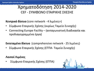24
Χρθματοδότθςθ 2014-2020
CEF - ΢ΤΜΦΩΝΟ ΕΣΑΙΡΙΚΗ΢ ΢ΧΕ΢Η΢
Κεντρικό δίκτυο (core network - 4 λιμζνεσ+)
• ΢φμφωνο Εταιρικισ ΢χζςθσ (κυρίωσ Σαμείο ΢υνοχισ)
• Connecting Europe Facility – (ανταγωνιςτικι διαδικαςία και
προδιαγεγραμμζνα ζργα)
Εκτεταμζνο δίκτυο (comprehensive network - 25 λιμζνεσ)
• ΢φμφωνο Εταιρικισ ΢χζςθσ (ΕΣΠΑ- Σαμείο ΢υνοχισ)
Λοιποί Λιμζνεσ
• ΢φμφωνο Εταιρικισ ΢χζςθσ (ΕΣΠΑ)
 