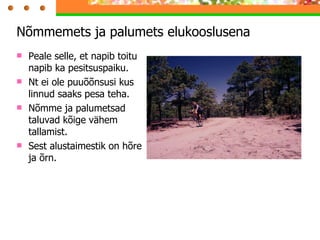 Peale selle, et napib toitu napib ka pesitsuspaiku. Nt ei ole puuõõnsusi kus linnud saaks pesa teha. Nõmme ja palumetsad taluvad kõige vähem tallamist. Sest alustaimestik on hõre ja õrn. Nõmmemets ja palumets elukooslusena 