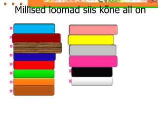 Millised loomad siis kõne all on Suur-kirjurähn  Metsis Mäger Hunt Käbilind Pöialpoiss Musträhn Karu Karihiir Valgejänes Metssiga Ööbik Põder  Metsvint 