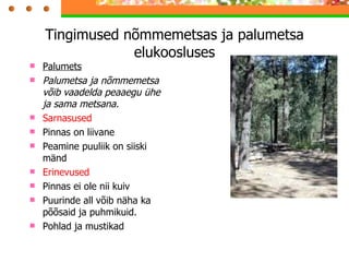 Palumets Palumetsa ja nõmmemetsa võib vaadelda peaaegu ühe ja sama metsana. Sarnasused Pinnas on liivane  Peamine puuliik on siiski mänd Erinevused Pinnas ei ole nii kuiv Puurinde all võib näha ka põõsaid ja puhmikuid. Pohlad ja mustikad Tingimused nõmmemetsas ja palumetsa elukoosluses 