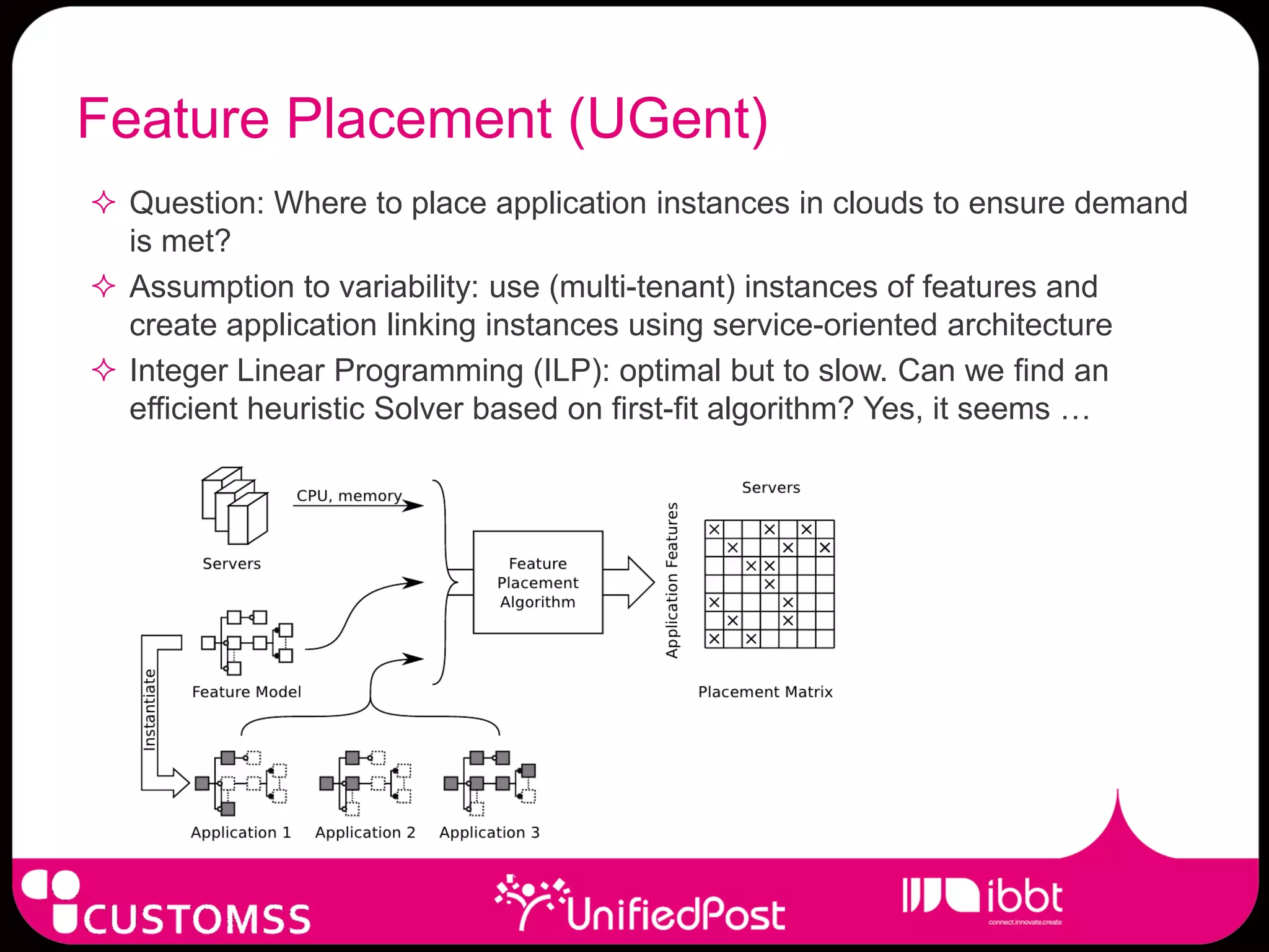 Feature Placement (UGent)
 Question: Where to place application instances in clouds to ensure demand
  is met?
 Assumption to variability: use (multi-tenant) instances of features and
  create application linking instances using service-oriented architecture
 Integer Linear Programming (ILP): optimal but to slow. Can we find an
  efficient heuristic Solver based on first-fit algorithm? Yes, it seems …
 