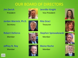 OUR BOARD OF DIRECTORS
Jim Derick Jennifer Knight
President Vice President
Jordan Warnick, Ph.D. Rita Graci
Secretary Trea...