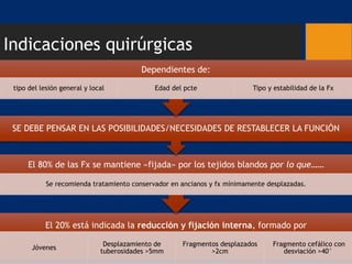 Indicaciones quirúrgicas
El 20% está indicada la reducción y fijación interna, formado por
Jóvenes
Desplazamiento de
tuberosidades >5mm
Fragmentos desplazados
>2cm
Fragmento cefálico con
desviación >40°
El 80% de las Fx se mantiene «fijada» por los tejidos blandos por lo que……
Se recomienda tratamiento conservador en ancianos y fx mínimamente desplazadas.
SE DEBE PENSAR EN LAS POSIBILIDADES/NECESIDADES DE RESTABLECER LA FUNCIÓN
Dependientes de:
tipo del lesión general y local Edad del pcte Tipo y estabilidad de la Fx
 