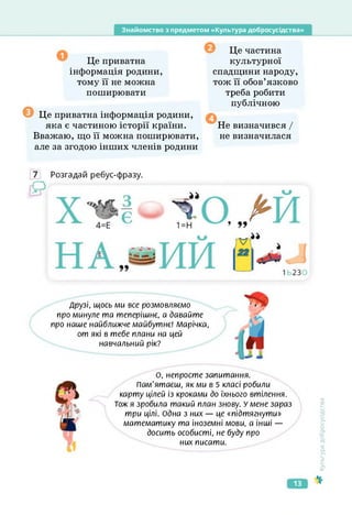Знайомство з предметом «Культура добросусідства»
Це приватна
інформація родини,
тому її не можна
поширювати
О
Це частина
культурної
спадщини народу,
тож її обов’язково
треба робити
публічною
Це приватна інформація родини,
яка є частиною історії країни.
Вважаю, що її можна поширювати,
ОНе визначився /
не визначилася
але за згодою інших членів родини
Розгадай ребус-фразу.
Друзі, щось ми все розмовляємо
про минуле та теперішнє, а давайте
про наше найближче майбутнє! Марічка,
от які в тебе плани на цей
навчальний рік?
О, непросте запитання.
Пам'ятаєш, як ми в 5 класі робили
карту цілей із кроками до їхнього втілення,
тож я зробила такий план знову. У мене зараз
три цілі. Одна з них — це «підтягнути»
математику та іноземні мови, а інші —
досить особисті, не буду про
них писати.
Культура
добросусідства
13
 