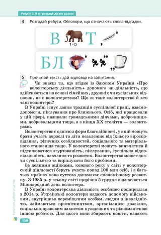 Розділ 3. Я в громаді: діємо разом
4 Розгадай ребуси. Обговори, що означають слова-відгадки.
в ж
1=0
5 Прочитай текст і дай відповіді на запитання.
Чи знаєш ти, що згідно із Законом України «Про
волонтерську діяльність» допомога чи діяльність, що
здійснюється на основі сімейних, дружніх чи сусідських від­
носин, не є волонтерством? Що ж таке волонтерство й хто
такі волонтери?
В Україні існує давня традиція суспільної праці, взаємо­
допомоги, піклування про ближнього. Осіб, які працювали
у цій сфері, називали громадськими діячами, доброчинця­
ми, добровольцями тощо, а з кінця XX століття — волонте­
Культура
добросусідств.
рами.
Волонтерство є однією з форм благодійності, у якій можуть
брати участь дорослі та діти незалежно від їхнього віроспо­
відання, фізичних особливостей, соціального та матеріаль­
ного становища тощо. У волонтерстві можуть виявлятися й
підсилюватися згуртованість, піклування, суспільна відпо­
відальність, навчання та розвиток. Волонтерство може єдна­
ти суспільство та вирішувати його проблеми.
За деякими оцінками, кожного року у світі у волонтер­
ській діяльності беруть участь понад 100 млн осіб, і в бага­
тьох країнах воно суттєво допомагає економічному розвит­
ку. З 1985 р. у всьому світі щорічно 5 грудня відзначається
Міжнародний день волонтера.
В Україні волонтерська діяльність особливо поширилася
з 2014 р. Українські волонтери надають допомогу військо­
вим, внутрішньо переміщеним особам, людям з інвалідніс­
тю, займаються просвітництвом, організацією дозвілля,
соціально-правовим захистом нужденних та різноманітною
іншою роботою. Для цього вони збирають кошти, надають
130
 