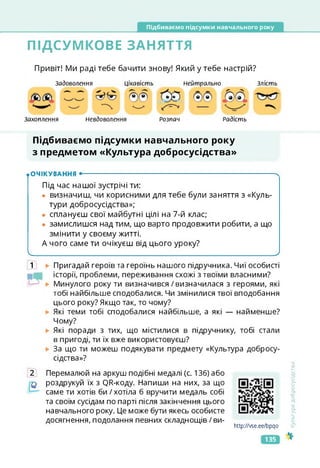 Підбиваємо підсумки навчального року
ПІДСУМКОВЕ ЗАНЯТТЯ
Привіт! Ми раді тебе бачити знову! Який у тебе настрій?
Задоволення
Захоплення Невдоволення
Цікавість Нейтрально
Розпач Радість
Злість
Підбиваємо підсумки навчального року
з предметом «Культура добросусідства»
.ОЧІКУВАННЯ •--------------------------------------------------------------------------------------- х
Під час нашої зустрічі ти:
• визначиш, чи корисними для тебе були заняття з «Куль­
тури добросусідства»;
• сплануєш свої майбутні цілі на 7-й клас;
• замислишся над тим, що варто продовжити робити, а що
змінити у своєму житті.
А чого саме ти очікуєш від цього уроку?
ч_______________________________ ____________________ _____________________________________>
1 Пригадай героїв та героїнь нашого підручника. Чиї особисті
історії, проблеми, переживання схожі з твоїми власними?
Минулого року ти визначився/визначилася з героями, які
тобі найбільше сподобалися. Чи змінилися твої вподобання
цього року? Якщо так, то чому?
Які теми тобі сподобалися найбільше, а які — найменше?
Чому?
Які поради з тих, що містилися в підручнику, тобі стали
в пригоді, ти їх вже використовуєш?
За що ти можеш подякувати предмету «Культура добросу­
сідства»?
2 Перемалюй на аркуш подібні медалі (с. 136) або
роздрукуй їх з СЖ-коду. Напиши на них, за що
саме ти хотів би / хотіла б вручити медаль собі
та своїм сусідам по парті після закінчення цього
навчального року. Це може бути якесь особисте
досягнення, подолання певних складнощів /ви-
http://vse.ee/bpqo
Культура
добросусідства
https://vse.ee/bpqo
135
 