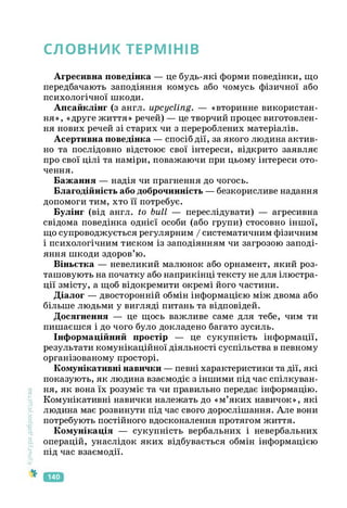 СЛОВНИК ТЕРМІНІВ
Культура
добросусідств.
Агресивна поведінка — це будь-які форми поведінки, що
передбачають заподіяння комусь або чомусь фізичної або
психологічної шкоди.
Апсайклінг (з англ. upcycling. — «вторинне використан­
ня», «друге життя» речей) — це творчий процес виготовлен­
ня нових речей зі старих чи з перероблених матеріалів.
Асертивна поведінка — спосіб дії, за якого людина актив­
но та послідовно відстоює свої інтереси, відкрито заявляє
про свої цілі та наміри, поважаючи при цьому інтереси ото­
чення.
Бажання — надія чи прагнення до чогось.
Благодійність або доброчинність — безкорисливе надання
допомоги тим, хто її потребує.
Булінг (від англ. to bull — переслідувати) — агресивна
свідома поведінка однієї особи (або групи) стосовно іншої,
що супроводжується регулярним І систематичним фізичним
і психологічним тиском із заподіянням чи загрозою заподі­
яння шкоди здоров’ю.
Віньєтка — невеликий малюнок або орнамент, який роз­
ташовують на початку або наприкінці тексту не для ілюстра­
ції змісту, а щоб відокремити окремі його частини.
Діалог — двосторонній обмін інформацією між двома або
більше людьми у вигляді питань та відповідей.
Досягнення — це щось важливе саме для тебе, чим ти
пишаєшся і до чого було докладено багато зусиль.
Інформаційний простір — це сукупність інформації,
результати комунікаційної діяльності суспільства в певному
організованому просторі.
Комунікативні навички — певні характеристики та дії, які
показують, як людина взаємодіє з іншими під час спілкуван­
ня, як вона їх розуміє та чи правильно передає інформацію.
Комунікативні навички належать до «м’яких навичок», які
людина має розвинути під час свого дорослішання. Але вони
потребують постійного вдосконалення протягом життя.
Комунікація — сукупність вербальних і невербальних
операцій, унаслідок яких відбувається обмін інформацією
під час взаємодії.
140
 