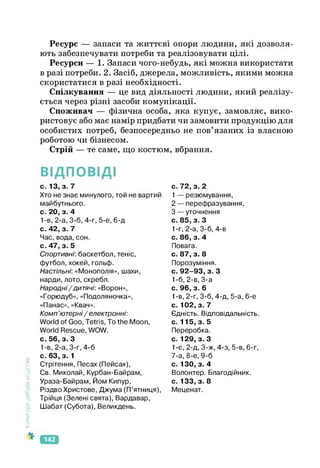 Ресурс — запаси та життєві опори людини, які дозволя­
ють забезпечувати потреби та реалізовувати цілі.
Ресурси — 1. Запаси чого-небудь, які можна використати
в разі потреби. 2. Засіб, джерела, можливість, якими можна
скористатися в разі необхідності.
Спілкування — це вид діяльності людини, який реалізу­
ється через різні засоби комунікації.
Споживач — фізична особа, яка купує, замовляє, вико­
ристовує або має намір придбати чи замовити продукцію для
особистих потреб, безпосередньо не пов’язаних із власною
роботою чи бізнесом.
Стрій — те саме, що костюм, вбрання.
ВІДПОВІДІ
Культура
добросусідств.
с. 13, з. 7 с. 72, з. 2
Хто не знає минулого, той не вартий 1 — резюмування,
майбутнього. 2 — перефразування,
с. 20, з. 4 3 — уточнення
1-в, 2-а, З-б, 4-г, 5-е, 6-д с. 85, з. 3
с. 42, з. 7 1-г, 2-а, З-б, 4-в
Час, вода, сон. с. 86, з. 4
с. 47, з. 5 Повага.
Спортивні: баскетбол, теніс, С. 87, з. 8
футбол, хокей, гольф. Порозуміння.
Настільні: «Монополія», шахи, с. 92-93, з. 3
нарди, лото, скребл. 1-6, 2-в, 3-а
Народні/дитячі: «Ворон», с. 96, з. 6
«Горюдуб», «Подоляночка», 1-в, 2-г, З-б, 4-д, 5-а, 6-е
«Панас», «Квач». С. 102,3.7
Комп’ютерні/електронні: Єдність. Відповідальність.
World of Goo, Tetris, To the Moon, с. 115, з. 5
World Rescue, WOW. Переробка.
c. 56, з. 3 с. 129, з. 3
1-в, 2-а, 3-r, 4-6 1-е, 2-д, 3-ж, 4-з, 5-в, 6-г,
c. 63, з. 1 7-а, 8-е, 9-6
Стрітення, Песах (Пейсах), с. 130, з. 4
Св. Миколай, Курбан-Байрам, Волонтер. Благодійник.
Ураза-Байрам, Йом Кипур, с. 133, з. 8
Різдво Христове, Джума (П’ятниця), Меценат.
Трійця (Зелені свята), Вардавар,
Шабат (Субота), Великдень.
142
 
