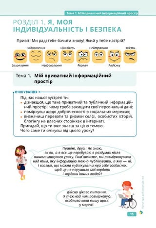 Тема 1. Мій приватний інформаційний простір
РОЗДІЛ 1. я, моя
ІНДИВІДУАЛЬНІСТЬ І БЕЗПЕКА
Привіт! Ми раді тебе бачити знову! Який у тебе настрій?
Захоплення Невдоволення
Цікавість Нейтрально
®®
Розпач Радість
Злість
Тема 1. Мій приватний інформаційний
простір
• ОПІКУВАННЯ •-------------------------------------------------------------------------------------- Ч
Під час нашої зустрічі ти:
• дізнаєшся, що таке приватний та публічний інформацій­
ний простір і чому треба захищати свої персональні дані;
• поміркуєш щодо доброчесності в соціальних мережах;
• визначиш переваги та ризики селфі, особистих історій,
блогінгу на власних сторінках в інтернеті.
Пригадай, що ти вже знаєш за цією темою.
Чого саме ти очікуєш від цього уроку?
______________________________________________ _ __________________________________ /
Привіт, друзі! Не знаю,
як ви, а я все ще перебуваю в роздумах після
нашого минулого уроку. Пам'ятаєте, ми розмірковували
над тим, яку інформацію можна публікувати, а яку — ні.
І взагалі, що можна публікувати про себе особисто,
щоб це не порушило мої кордони
і кордони інших людей?
<ультура
добросусідства
Дійсно цікаве питання.
Я теж над ним розмірковую,
особливо коли пишу щось
у мережі.
15
 
