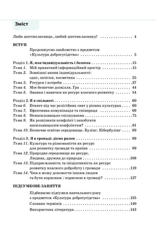 Зміст
Люба шестикласнице, любий шестикласнику! .................................. 4
ВСТУП
Продовжуємо знайомство з предметом
«Культура добросусідства».......................................................5
Розділ 1. Я, моя індивідуальність і безпека................................. 15
Тема 1. Мій приватний інформаційний простір............................. 15
Тема 2. Зовнішні вияви індивідуальності:
одяг, зачіски, косметика......................................................... 25
Тема 3. Ресурси і потреби......................................................................37
Тема 4. Моє безпечне дозвілля. Гра................................................... 44
Тема 5. Знання і навички як ресурс власного розвитку............... 54
Розділ 2. Я в спільноті................................................................. 60
Тема 6. Етикет під час релігійних свят у різних культурах .... 60
Тема 7. Ефективна комунікація та співпраця ................................ 69
Тема 8. Ненасильницьке спілкування................................................ 75
Тема 9. Як розпізнати конфлікт і запобігати
насильницьким конфліктам?.............................................. 81
Тема 10. Безпечне освітнє середовище. Булінг. Кібербулінг .... 89
Розділ 3. Я в громаді: діємо разом...............................................99
Тема 11. Культура та різноманіття як ресурс
для розвитку громади та країни............................................99
Тема 12. Природне середовище як ресурс.
Людина, дружня до природи................................................108
Тема 13. Підприємливість та ініціативність як ресурс
розвитку власного добробуту і громади........................... 119
Тема 14. Чим я можу допомогти іншим людям
та бути корисним / корисною в громаді?..........................127
ПІДСУМКОВЕ ЗАНЯТТЯ
Підбиваємо підсумки навчального року
з предметом «Культура добросусідства» ............................ 135
Словник термінів.....................................................................140
Використана література..........................................................143
 