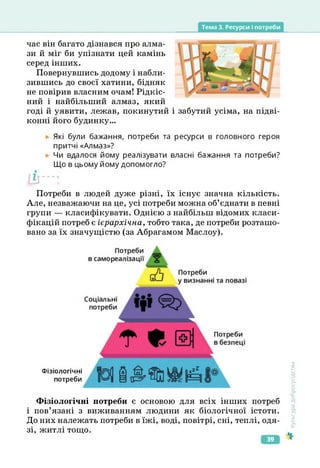 Тема 3. Ресурси І потреби
час він багато дізнався про алма­
зи й міг би упізнати цей камінь
серед інших.
Повернувшись додому і набли­
зившись до своєї хатини, бідняк
не повірив власним очам! Рідкіс­
ний і найбільший алмаз, який
годі й уявити, лежав, покинутий і забутий усіма, на підві­
конні його будинку...
Які були бажання, потреби та ресурси в головного героя
притчі «Алмаз»?
Чи вдалося йому реалізувати власні бажання та потреби?
Що в цьому йому допомогло?
Потреби в людей дуже різні, їх існує значна кількість.
Але, незважаючи на це, усі потреби можна об’єднати в певні
групи — класифікувати. Однією з найбільш відомих класи­
фікацій потреб є ієрархічна, тобто така, де потреби розташо­
вано за їх значущістю (за Абрагамом Маслоу).
Фізіологічні
потреби
Фізіологічні потреби є основою для всіх інших потреб
і пов’язані з виживанням людини як біологічної істоти.
До них належать потреби в їжі, воді, повітрі, сні, теплі, одя­
зі, житлі тощо.
Культура
добросусідства
39
 