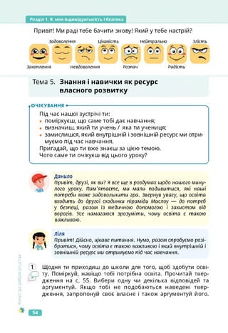 Розділ 1. Я, моя індивідуальність і безпека
Привіт! Ми раді тебе бачити знову! Який у тебе настрій?
Задоволення Цікавість Нейтрально Злість
®®
Захоплення Невдоволення Розпач Радість
Тема 5. Знання і навички як ресурс
власного розвитку
.ОЧІКУВАННЯ •--------------------------------------------------------------------------------------- х
Під час нашої зустрічі ти:
• поміркуєш, що саме тобі дає навчання;
• визначиш, який ти учень / яка ти учениця;
• замислишся, який внутрішній і зовнішній ресурс ми отри­
муємо під час навчання.
Пригадай, що ти вже знаєш за цією темою.
Чого саме ти очікуєш від цього уроку?
—
Данило
Привіт, друзі, як ви? Я все ще в роздумах щодо нашого мину­
лого уроку, пам'ятаєте, ми мали подивитися, які наші
потреби може задовольнити гра. Звернув увагу, що освіта
входить до другої сходинки піраміди Маслоу — до потреб
у безпеці, разом із медичною допомогою і захистом від
ворогів. Усе намагаюся зрозуміти, чому освіта є такою
важливою.
Культура
добросусідства
Ліля
Привіт! Дійсно, цікаве питання. Нумо, разом спробуємо розі­
братися, чому освіта є такою важливою і який внутрішній і
зовнішній ресурс ми отримуємо під час навчання.
1 Щодня ти приходиш до школи для того, щоб здобути осві-
рСЗ ТУ- Поміркуй, навіщо тобі потрібна освіта. Прочитай твер­
дження на с. 55. Вибери одну чи декілька відповідей та
аргументуй. Якщо тобі не подобаються наведені твер­
дження, запропонуй своє власне і також аргументуй його.
54
 