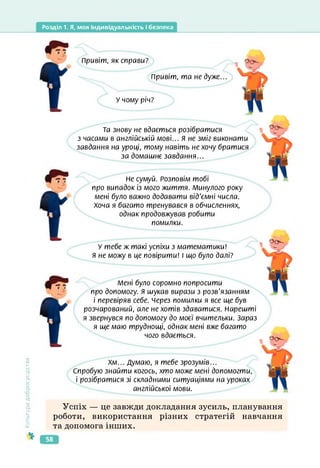 Розділ 1. Я, моя індивідуальність і безпека
Культура
добросусідства
Привіт, як справи?
Привіт, та не дуже...
У чому річ?
Та знову не вдається розібратися
з часами в англійській мові... Я не зміг виконати
завдання на уроці, тому навіть не хочу братися
за домашнє завдання...
Не сумуй. Розповім тобі
про випадок із мого життя. Минулого року
мені було важно додавати від'ємні числа.
Хоча я багато тренувався в обчисленнях,
однак продовжував робити
помилки.
У тебе ж такі успіхи з математики!
я не можу в це повірити! І що було далі?
Мені було соромно попросити
про допомогу. Я шукав вирази з розв'язанням
і перевіряв себе. Через помилки я все ще був
розчарований, але не хотів здаватися. Нарешті
я звернувся по допомогу до моєї вчительки. Зараз
я ще маю труднощі, однак мені вже багато
чого вдається.
Хм... Думаю, я тебе зрозумів...
Спробую знайти когось, хто може мені допомогти,
і розібратися зі складними ситуаціями на уроках
англійської мови.
0-0-
Оо-
Успіх — це завжди докладання зусиль, планування
роботи, використання різних стратегій навчання
та допомога інших.
58
 