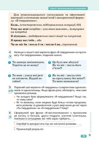 Тема 8. Ненасильницьке спілкування
Для ненасильницького спілкування та ефективної
взаємодії з оточенням запам’ятай і використовуй форму­
лу «Я-твердження»:
Коли... (спостереження, віддзеркалення ситуації/дії)
Тому що мені потрібно / для меня важливо... (озвучуван­
ня потреби)
Я відчуваю... (відображення своєї емоції чи почуття)
Я прошу вас/тебе... або
Чи не міг би / могла б ти / могли б ви... (прохання)
Напиши в зошиті свої варіанти фраз «Я-твердження» на проти­
вагу «Ти-твердженням», поданим нижче.
0 Ти завжди запізнюєшся.
Терпіти це не можу!
0 Це було моє яблуко!
Як ти міг / могла його
з’їсти?!
0 Ти взяв / узяла мої речі
не питаючи. Віддай не­
гайно!
0 Як ти міг / могла піти
на прогулянку без мене?!
Ти мене зневажаєш!
5 Порівняй свої варіанти «Я-тверджень» із варіантами одноклас-
никівта однокласниць. Якщо фрази різні, обговоріть, чим саме
зумовлена різниця.
Чи складно було формулювати «Я-твердження»? Якщо так,
то чому саме?
► Як ти вважаєш, коли людина буде більш готова продовжу­
вати розмову та домовлятися: у разі звертання до неї через
«Ти-твердження» чи «Я-твердження»? Чому?
6 Сформулюй три фрази «Я-висловлювання» з проханням
до когось із батьків, друга / подруги, учителя/учительки,
пов'язані із ситуаціями, які тебе зараз турбують.
’ .....................................
• Спробуй їх використати під час наступної розмови. ч
Проаналізуй результат.
Культура
добросусідства
79
 