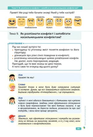 Тема 9. Як розпізнати конфлікт і запобігати насильницьким конфліктам?
Привіт! Ми раді тебе бачити знову! Який у тебе настрій?
Захоплення Невдоволення Розпач Радість
Злість
Тема 9. Як розпізнати конфлікт і запобігати
насильницьким конфліктам?
.очікування •-------------------------------------------------------------------ч
Під час нашої зустрічі ти:
• пригадаєш та уточниш зміст поняття конфлікт та його
структуру;
• дізнаєшся про різні стилі поведінки в конфлікті;
• розглянеш ненасильницькі шляхи розв'язання конфлік­
тів: діалог, коло порозуміння, медіація.
Пригадай, що ти вже знаєш за цією темою.
А чого саме ти очікуєш від цього уроку?
_____________________________ ___________________ _ ________________________________ /
<ультура
добросусідства
І 
діля
привіт! як ти?
Славко
Привіт! Вчора в мене була дуже напружена ситуація
із сестрою. Думав, що все завершиться серйозною сваркою,
вирішив спробувати «Я-твердження», і це спрацювало.
№
Діля
Чудово! А мені вдалося домовитися з батьками про купівлю
нового смартфона. Завдяки схемі ефективного спілкування
я була дуже переконливою! Так мені батьки сказали. А ще
я аргументовано, як доросла людина, розказала їм про свої
потреби, і вони мене краще зрозуміли.
№
£
Данило
Здається, про ефективне спілкування і потреби ми розмов­
ляли не тільки на минулому занятті, а й у 5-му класі, коли
знайомилися з конфліктологією.
81
 