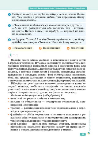 Тема 10. Безпечне освітнє середовище. Булінг. Кібербулінг
0 Не було такого дня, щоб хто-небудь не жалівся на Федь­
ка. Там шибку з рогатки вибив, там перекинув діжку
з дощовою водою...
0 ...Там синяка підбив своєму «закадишному» другові...
...А як хто розсердиться або заплаче, так і штовха­
на дасть. Битись з ним і не пробуй, — перший по силі
на всю вулицю.
0 — Здоров, Только! Але він (Толя) терпіть не міг, як йому
цей Федько говорив «Толька». Наче він йому товариш.
0 Психологічний 0 Економічний Фізичний
Онлайн освіта міцно увійшла в повсякденне життя дітей
і дорослих українців. В умовах карантину і воєнного стану дис­
танційне навчання вважається однією з безпечних форм для
його учасників. На жаль, проблема булінгу не лише не викорі-
нилася, а набуває нових форм і проявів, наприклад онлайн-
цькування в закладах освіти. Тож кібербулінгом називають
будь-які прояви цькування з метою дошкулити, принизити
з використанням сучасних електронних (цифрових) технологій.
Кібербулінг реалізується шляхом застосування комп’ю­
терної техніки, мобільних телефонів чи інших гаджетів
у вигляді: надсилання е-мейлу, смс/ммс; написання комен­
тарів в інтернет-чатах, групах, соціальних мережах.
Види онлайн-цькування (кібербулінгу ):
• анонімні погрози та дзвінки з мовчанням;
• наклеп чи обмовляння — поширення неправдивої, при­
низливої інформації;
• тролінг — розміщення провокативних повідомлень в мере­
жі для привернення уваги;
• флеймінг — обмін короткими гнівними та запальними ре­
пліками між учасниками з використанням електронних
технологій задля провокування конфлікту;
• хепі-слепінг — насильство заради розваги, наприклад
відеозйомка реального фізичного нападу чи сцени цьку­
вання з подальшим розповсюдженням у мережі.
Культура
добросусідства
93
 