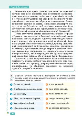Розділ 2. Я в спільноті
Конвенція про права дитини покладає на державні
органи обов’язок вживати всіх необхідних законодав­
чих, адміністративних, соціальних і просвітніх заходів
з метою захисту дитини від усіх форм фізичного та пси­
хологічного насильства, образи чи зловживань. Визна­
ючи право дитини на освіту, міжнародні стандарти вка­
зують на необхідність, щоб шкільна дисципліна була
забезпечена методами, що ґрунтуються на повазі до люд­
ської гідності дитини та відповідно до цієї Конвенції.
Права здобувачів освіти, закріплені Законом України
«Про освіту», включають: безпечні та нешкідливі умови
навчання; повагу людської гідності; захист під час освіт­
нього процесу від приниження честі та гідності, будь-
яких форм насильства та експлуатації, булінгу (цькуван­
ня), дискримінації за будь-якою ознакою, пропаганди
та агітації, що завдають шкоди здоров’ю здобувана осві­
ти; отримання соціальних та психолого-педагогічних
послуг як особа, яка постраждала від булінгу (цькуван­
ня), стала його свідком або вчинила булінг (цькування).
Одночасно із цим здобувані освіти зобов’язані поважа­
ти гідність, права, свободи та законні інтереси всіх учас­
ників освітнього процесу, дотримуватися етичних норм;
відповідально та дбайливо ставитися до власного
здоров’я, здоров’я оточення.
________________________________________ ____ ____________________________________________/
б З'єднай частини прислів'їв. Поміркуй, чи втілено в них
О поради щодо ненасильницької поведінки та доброзичливого
ставлення одне до одного.
0 Як ми до людей, 0 а зла уникай.
Культура
добросусідств.
0 3 добрими людьми завжди
0 Де незгода,
0 Біда, коли один в бороні,
0 Усе добре переймай,
0 Щасливо там жити,
0 там часто шкода,
так і люди до нас.
згоди можна дійти
а десять в стороні,
де вміють дружити.
96
 