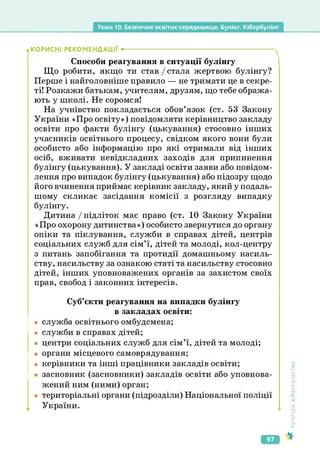 Тема 10. Безпечне освітнє середовище. Булінг. Кібербулінг
• КОРИСНІ РЕКОМЕНДАЦІЇ •-------------------------------------------------------------------
Способи реагування в ситуації булінгу
Що робити, якщо ти став/стала жертвою булінгу?
Перше і найголовніше правило — не тримати це в секре­
ті! Розкажи батькам, учителям, друзям, що тебе обража­
ють у школі. Не соромся!
На учнівство покладається обов’язок (ст. 53 Закону
України «Про освіту») повідомляти керівництво закладу
освіти про факти булінгу (цькування) стосовно інших
учасників освітнього процесу, свідком якого вони були
особисто або інформацію про які отримали від інших
осіб, вживати невідкладних заходів для припинення
булінгу (цькування). У закладі освіти заяви або повідом­
лення про випадок булінгу (цькування) або підозру щодо
його вчинення приймає керівник закладу, який у подаль­
шому скликає засідання комісії з розгляду випадку
булінгу.
Дитина / підліток має право (ст. 10 Закону України
«Про охорону дитинства») особисто звернутися до органу
опіки та піклування, служби в справах дітей, центрів
соціальних служб для сім’ї, дітей та молоді, кол-центру
з питань запобігання та протидії домашньому насиль­
ству, насильству за ознакою статі та насильству стосовно
дітей, інших уповноважених органів за захистом своїх
прав, свобод і законних інтересів.
Суб’єкти реагування на випадки булінгу
в закладах освіти:
• служба освітнього омбудсмена;
• служби в справах дітей;
• центри соціальних служб для сім’ї, дітей та молоді;
• органи місцевого самоврядування;
• керівники та інші працівники закладів освіти;
• засновник (засновники) закладів освіти або уповнова­
жений ним (ними) орган;
• територіальні органи (підрозділи) Національної поліції
України.
Культура
добросусідства
97
 