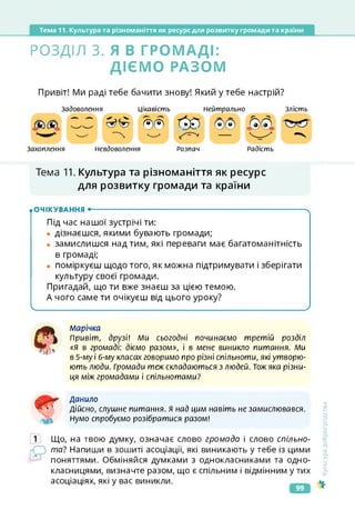 Тема 11. Культура та різноманіття як ресурс для розвитку громади та країни
РОЗДІЛ 3. Я В ГРОМАДІ:
ДІЄМО РАЗОМ
Привіт! Ми раді тебе бачити знову! Який у тебе настрій?
Задоволення Цікавість Нейтрально Злість
^^5 ®® Г
*
£) ^6)
Захоплення Невдоволення Розпач Радість
Тема 11. Культура та різноманіття як ресурс
для розвитку громади та країни
.очікування •-------------------------------------------------------------------х
Під час нашої зустрічі ти:
• дізнаєшся, якими бувають громади;
• замислишся над тим, які переваги має багатоманітність
в громаді;
• поміркуєш щодо того, як можна підтримувати і зберігати
культуру своєї громади.
Пригадай, що ти вже знаєш за цією темою.
А чого саме ти очікуєш від цього уроку?

/
марічка
Привіт, друзі! Ми сьогодні починаємо третій розділ
«Я в громаді: діємо разом», і в мене виникло питання. Ми
в 5-му і 6-му класах говоримо про різні спільноти, які утворю­
ють люди. Громади теж складаються з людей. Тож яка різни­
ця між громадами і спільнотами?
Данило
Дійсно, слушне питання. Я над цим навіть не замислювався.
Нумо спробуємо розібратися разом!
1 Що, на твою думку, означає слово громада і слово спільно-
рСЗ та? Напиши в зошиті асоціації, які виникають у тебе із цими
поняттями. Обміняйся думками з однокласниками та одно­
класницями, визначте разом, що є спільним і відмінним у тих
асоціаціях, які у вас виникли.
<ультура
добросусідства
99
 