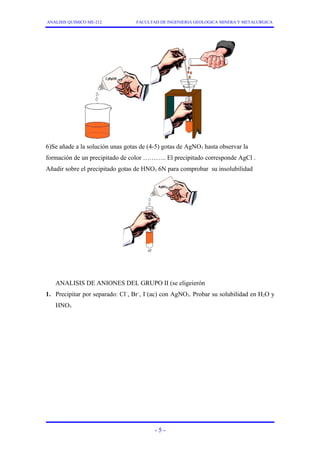 ANALISIS QUIMICO ME-212 FACULTAD DE INGENIERIA GEOLOGICA MINERA Y METALURGICA 
6)Se añade a la solución unas gotas de (4-5) gotas de AgNO3 hasta observar la 
formación de un precipitado de color ……….. El precipitado corresponde AgCl . 
Añadir sobre el precipitado gotas de HNO3 6N para comprobar su insolubilidad 
ANALISIS DE ANIONES DEL GRUPO II (se eligeierón 
1. Precipitar por separado: Cl–, Br–, I–(ac) con AgNO3. Probar su solubilidad en H2O y 
HNO3 
- 5 - 
 