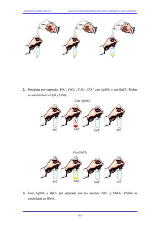 ANALISIS QUIMICO ME-212 FACULTAD DE INGENIERIA GEOLOGICA MINERA Y METALURGICA 
2. Precipitar por separado: SO4 
2-, CrO4 
2-, C2O4 
2-, CO3 
2- con AgNO3 y con BaCl2. Probar 
su solubilidad en H2O y HNO3. 
Con AgNO3 
Con BaCl2 
3. Usar AgNO3 y BaCl2 por separado con los aniones: NO2 
– y MnO4 
–. Probar su 
solubilidad en HNO3. 
- 6 - 
 
