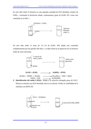 ANALISIS QUIMICO ME-212 FACULTAD DE INGENIERIA GEOLOGICA MINERA Y METALURGICA 
En otro tubo (tubo 2) disuelva en una pequeña cantidad de H2O destilada cristales de 
FeSO4 , terminada la disolución añada, cuidosamente gotas de H2SO4 9N, vierta este 
contenido en el tubo 1. 
+H2O(des) + H2SO4 
En otro tubo (tubo 3) tome de 3-4 ml de H2SO4 36N añada este contenido 
cuidadosamente por las paredes del tubo 1, se debe observar la aparición de un hermoso 
anillo de color chocolate. 
NaNO3 + H2SO4 NaHSO4 + HNO3 
6FeSO4 + 2HNO3 + 3H2SO4 3Fe2(SO4)3 + 2NO + 4H2O 
FeSO4 + NO (FeNO)SO4 
5. Identificación del anión C2H3O2 
-: Añada a la solución entregada gotas de FeCl3. 
Diluya la solución con H2O destilada, hierva la solución. Probar la solubilidad de lo 
obtenido con HNO3 6N. 
- 8 - 
+FeSO4 
Solución 
Disuelta 
(tubo 2) 
+ mezcla de 
tubo1y tubo2 
H2SO4 
Anillo color 
chocolate 
+FeCl3 + H2O(dest) 
Solución con 
C2H3O2 
- 
calentar 
¯¯ [Fe3(CH3COO)6 O]OH 
 