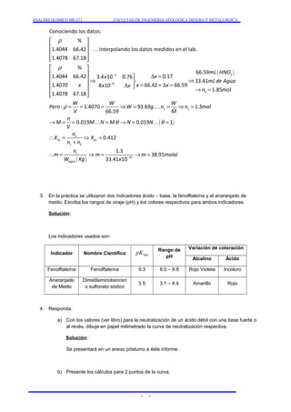 ANALISIS QUIMICO ME-212 FACULTAD DE INGENIERIA GEOLOGICA MINERA Y METALURGICA 
é ù 
ê ú 
ê ú 
êë úû 
é ù 
ê ú ü D = ê úÞ ý Þ ê ú D þ = + D = ê ú 
ë û 
3 ( 3 ) 
4 
Conociendo los datos: 
% 
1.4044 66.42 interpolando los datos medidos en el lab. 
1.4078 67.18 
% 
66.59 
1.4044 66.42 3.4 10 0.76 0.17 
1.4070 8 10 66.42 66.59 
1.4078 67.18 
mL HNO 
x x 
x x x x x 
r 
r 
- 
- 
K 
( ) 
( ) 
2 
1 1 
1 
1 2 
1 
q q 
41 
33.41 
1.85 
r 
: 1.4070 93.69 . 1.3 
66.59 
0.019 . 0.019 1 
0.412 
1.3 
38.91 
33.41 10 
ac ac 
agua 
mL de Agua 
n mol 
W W W 
Pero W g n n mol 
V M 
n 
M M N M N N 
V 
n 
X X 
n n 
n 
m m m molal 
W Kg x 
- 
® = 
= = = Þ = = Þ = 
® = = = ® = = 
 = Þ = 
+ 
 = Þ = ® = 
K 
K K 
3. En la práctica se utilizaron dos indicadores ácido – base, la fenolftaleína y el anaranjado de 
metilo. Escriba los rangos de viraje (pH) y los colores respectivos para ambos indicadores. 
Solución: 
Los indicadores usados son: 
Indicador Nombre Científico Ind pK Rango de 
pH 
Variación de coloración 
Alcalino Ácido 
Fenolftaleína Fenolftaleína 9.3 8.0 – 9.8 Rojo Violeta Incoloro 
Anaranjado 
Dimetilaminobencen 
de Metilo 
o sulfonato sódico 3.5 3.1 – 4.4 Amarillo Rojo 
4. Responda: 
a) Con los valores (ver libro) para la neutralización de un ácido débil con una base fuerte o 
al revés, dibuje en papel milimetrado la curva de neutralización respectiva. 
Solución: 
Se presentará en un anexo póstumo a éste informe. 
b) Presente los cálculos para 2 puntos de la curva. 
- - 
 
