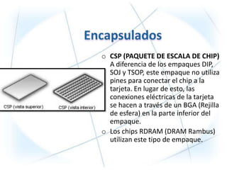 o CSP (PAQUETE DE ESCALA DE CHIP)
  A diferencia de los empaques DIP,
  SOJ y TSOP, este empaque no utiliza
  pines para conectar el chip a la
  tarjeta. En lugar de esto, las
  conexiones eléctricas de la tarjeta
  se hacen a través de un BGA (Rejilla
  de esfera) en la parte inferior del
  empaque.
o Los chips RDRAM (DRAM Rambus)
  utilizan este tipo de empaque.
 