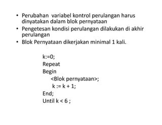 • Perubahan variabel kontrol perulangan harus 
dinyatakan dalam blok pernyataan 
• Pengetesan kondisi perulangan dilakukan di akhir 
perulangan 
• Blok Pernyataan dikerjakan minimal 1 kali. 
k:=0; 
Repeat 
Begin 
<Blok pernyataan>; 
k := k + 1; 
End; 
Until k < 6 ; 
 