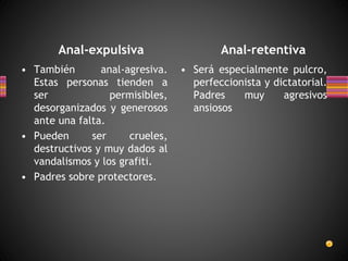 Anal-expulsiva Anal-retentiva
• También anal-agresiva.
Estas personas tienden a
ser permisibles,
desorganizados y generosos
ante una falta.
• Pueden ser crueles,
destructivos y muy dados al
vandalismos y los grafiti.
• Padres sobre protectores.
• Será especialmente pulcro,
perfeccionista y dictatorial.
Padres muy agresivos
ansiosos
 
