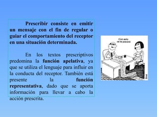 Prescribir consiste en emitir
un mensaje con el fin de regular o
guiar el comportamiento del receptor
en una situación determinada.
En los textos prescriptivos
predomina la función apelativa, ya
que se utiliza el lenguaje para influir en
la conducta del receptor. También está
presente
la
función
representativa, dado que se aporta
información para llevar a cabo la
acción prescrita.

 