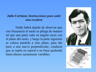 Julio Cortázar, Instrucciones para subir
una escalera
Nadie habrá dejado de observar que
con frecuencia el suelo se pliega de manera
tal que una parte sube en ángulo recto con
el plano del suelo, y luego la parte siguiente
se coloca paralela a este plano, para dar
paso a una nueva perpendicular, conducta
que se repite en espiral o en línea quebrada
hasta alturas sumamente variables.

 