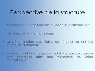 Perspective de la structure
• Absence d’autorité formelle et leadership informel fort.
• Les clans deviennent un piège.
• La détermination des règles de fonctionnement est
source de dissensions.
• La diversité et la richesse des points de vue de chacun
sont gommées dans une recherche de vision
monolithique.
 