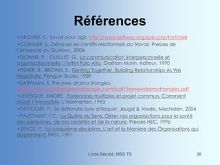 Références
•ARGYRIS, C. Savoir pour agir, http://www.skillway.org/spip.php?article8
•CORMIER, S., Dénouer les conflits relationnels au travail, Presses de
l’Université du Québec, 2004
•DIONNE, P. , OUELLET, G., La communication interpersonnelle et
organisationnnelle : l’effet Palo Alto, Gaëtan Morin, éditeur, 1990
•FISHER, R., BROWN, S., Getting Together, Building Relationships As We
Negotiate, Penguin Books, 1989
•KARPMAN, S. The new drama triangles,
http://www.karpmandramatriangle.com/pdf/thenewdramatriangles.pdf
•LEVESQUE, ANDRÉ, Partenaires multiples et projet commun, Comment
réussir l’impossible, L’Harmattan, 1993
•PATFOORT, P., Se défendre sans attaquer, Jeugd & Vrede, Mechelen, 2004
•PAUCHANT, T.C., La Quête du Sens, Gérer nos organisations pour la santé
des personnes, de nos sociétés et de la nature, Presses HEC, 1996
•SENGE, P., La cinquième discipline, L’art et la Manière des Organisations qui
apprennent, FIRST, 1991
Linda Bérubé, MSS TS 36
 