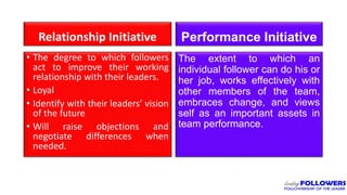 Performance Initiative
The extent to which an
individual follower can do his or
her job, works effectively with
other members of the team,
embraces change, and views
self as an important assets in
team performance.
Relationship Initiative
• The degree to which followers
act to improve their working
relationship with their leaders.
• Loyal
• Identify with their leaders’ vision
of the future
• Will raise objections and
negotiate differences when
needed.
 