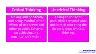 Critical Thinking
Thinking independently
and being mindful of the
effects of one’s own and
other people’s behavior
on achieving the
organization’s vision.
Uncritical Thinking
Failing to consider
possibilities beyond what
one is told; accepting the
leader’s ideas without
thinking.
 