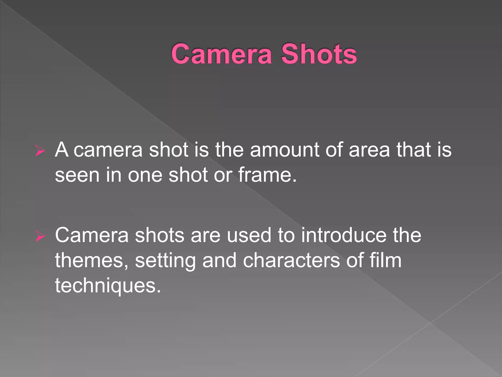  A camera shot is the amount of area that is
seen in one shot or frame.
 Camera shots are used to introduce the
themes, setting and characters of film
techniques.
 