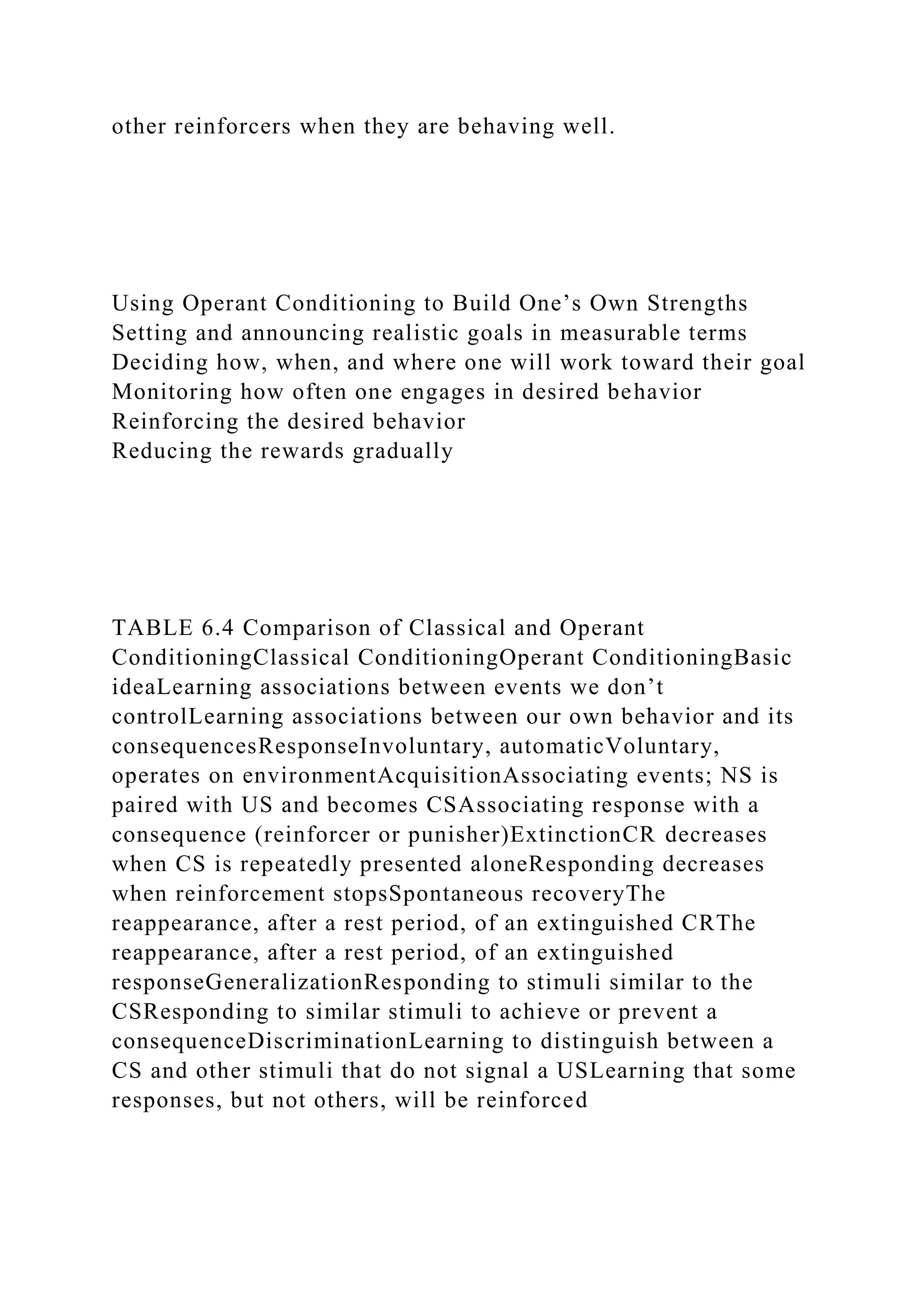 other reinforcers when they are behaving well.
Using Operant Conditioning to Build One’s Own Strengths
Setting and announcing realistic goals in measurable terms
Deciding how, when, and where one will work toward their goal
Monitoring how often one engages in desired behavior
Reinforcing the desired behavior
Reducing the rewards gradually
TABLE 6.4 Comparison of Classical and Operant
ConditioningClassical ConditioningOperant ConditioningBasic
ideaLearning associations between events we don’t
controlLearning associations between our own behavior and its
consequencesResponseInvoluntary, automaticVoluntary,
operates on environmentAcquisitionAssociating events; NS is
paired with US and becomes CSAssociating response with a
consequence (reinforcer or punisher)ExtinctionCR decreases
when CS is repeatedly presented aloneResponding decreases
when reinforcement stopsSpontaneous recoveryThe
reappearance, after a rest period, of an extinguished CRThe
reappearance, after a rest period, of an extinguished
responseGeneralizationResponding to stimuli similar to the
CSResponding to similar stimuli to achieve or prevent a
consequenceDiscriminationLearning to distinguish between a
CS and other stimuli that do not signal a USLearning that some
responses, but not others, will be reinforced
 