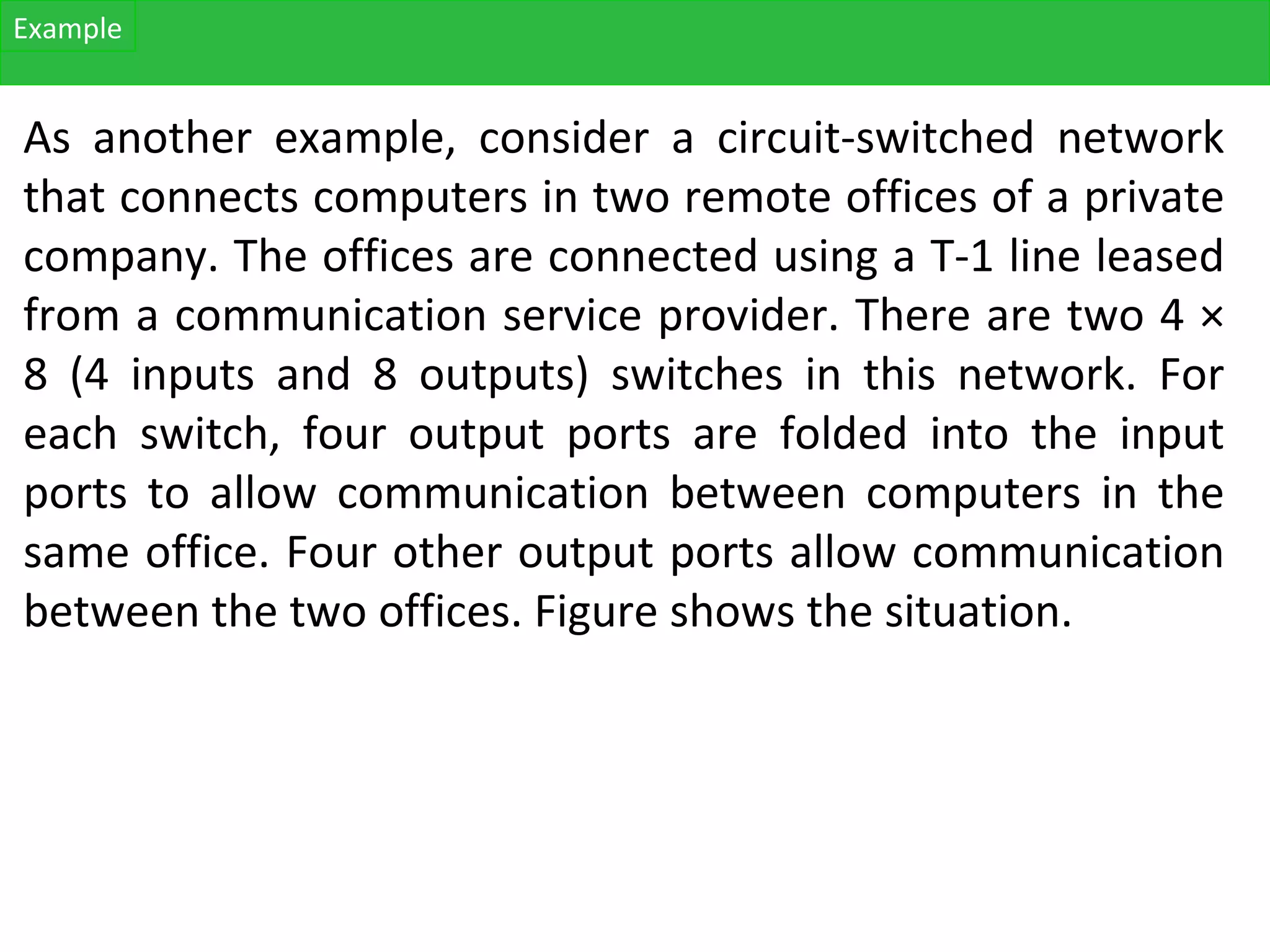 As another example, consider a circuit-switched network
that connects computers in two remote offices of a private
company. The offices are connected using a T-1 line leased
from a communication service provider. There are two 4 ×
8 (4 inputs and 8 outputs) switches in this network. For
each switch, four output ports are folded into the input
ports to allow communication between computers in the
same office. Four other output ports allow communication
between the two offices. Figure shows the situation.
Example
 