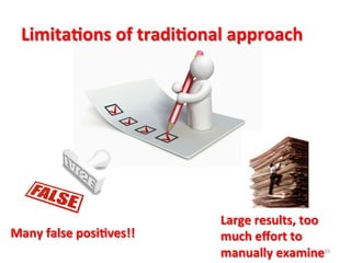 10	
  
Many	
  false	
  posi$ves!!	
  
Large	
  results,	
  too	
  
much	
  eﬀort	
  to	
  
manually	
  examine	
  
Limita$ons	
  of	
  tradi$onal	
  approach	
  
 