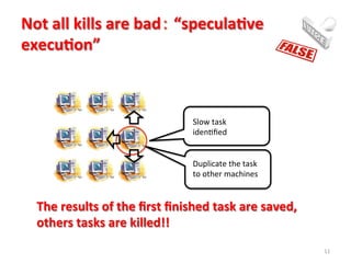 Not	
  all	
  kills	
  are	
  bad：	
  “specula$ve	
  
execu$on”	
  
11	
  
Slow	
  task	
  
idenIﬁed	
  
The	
  results	
  of	
  the	
  ﬁrst	
  ﬁnished	
  task	
  are	
  saved,	
  
others	
  tasks	
  are	
  killed!!	
  
Duplicate	
  the	
  task	
  
to	
  other	
  machines	
  
 