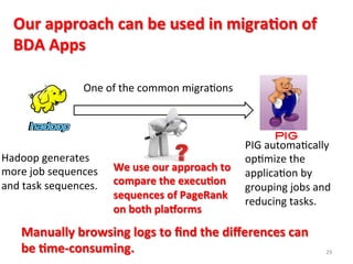Our	
  approach	
  can	
  be	
  used	
  in	
  migra$on	
  of	
  
BDA	
  Apps	
  
Hadoop	
  generates	
  
more	
  job	
  sequences	
  
and	
  task	
  sequences.	
  
PIG!
PIG	
  automaIcally	
  
opImize	
  the	
  
applicaIon	
  by	
  
grouping	
  jobs	
  and	
  
reducing	
  tasks.	
  
Manually	
  browsing	
  logs	
  to	
  ﬁnd	
  the	
  diﬀerences	
  can	
  
be	
  $me-­‐consuming.	
  
One	
  of	
  the	
  common	
  migraIons	
  
29	
  
We	
  use	
  our	
  approach	
  to	
  
compare	
  the	
  execu$on	
  
sequences	
  of	
  PageRank	
  
on	
  both	
  plaborms	
  
 