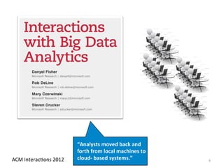 ACM	
  InteracIons	
  2012	
  
“Analysts	
  moved	
  back	
  and	
  
forth	
  from	
  local	
  machines	
  to	
  
cloud-­‐	
  based	
  systems.”	
  	
   6	
  
 