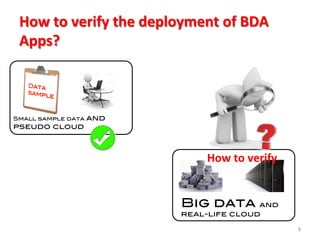 How	
  to	
  verify	
  the	
  deployment	
  of	
  BDA	
  
Apps?	
  
8	
  
Small sample data and
pseudo cloud!
Big data and
real-life cloud!
How	
  to	
  verify	
  
 