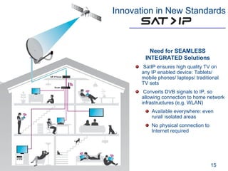 Innovation in New Standards



         Need for SEAMLESS
       INTEGRATED Solutions
      SatIP ensures high quality TV on
      any IP enabled device: Tablets/
      mobile phones/ laptops/ traditional
      TV sets
       Converts DVB signals to IP, so
      allowing connection to home network
      infrastructures (e.g. WLAN)
          Available everywhere: even
          rural/ isolated areas
          No physical connection to
          Internet required




                                      15
 