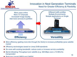 Innovation in Next Generation Terminals
                                              Need for Greater Efficiency & Flexibility

           More users online                               Different traffic profiles
          More TV Channels                                 Multiple Environments
       IncreaseD Image Quality                          Mutiple applications on Single
     Add more services to portfolio                               Terminal




            Efficiency                                         Versatility
More efficiency (getting more bits through the Hertz) to increase profitability/ grow satellite
market
Efficiency technologies based on (new) DVB-standards
Do more with existing bandwidth, reduce costs or increase service availability
Barrier-Breaking Throughput over satellite (e.g. 506 Mbps over a 72 MHz Ku
transponder)
                                                                                           19
 