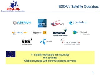 ESOA’s Satellite Operators




 Services




     11 satellite operators in 8 countries
                 161 satellites
Global coverage with communications services



                                                  2
 
